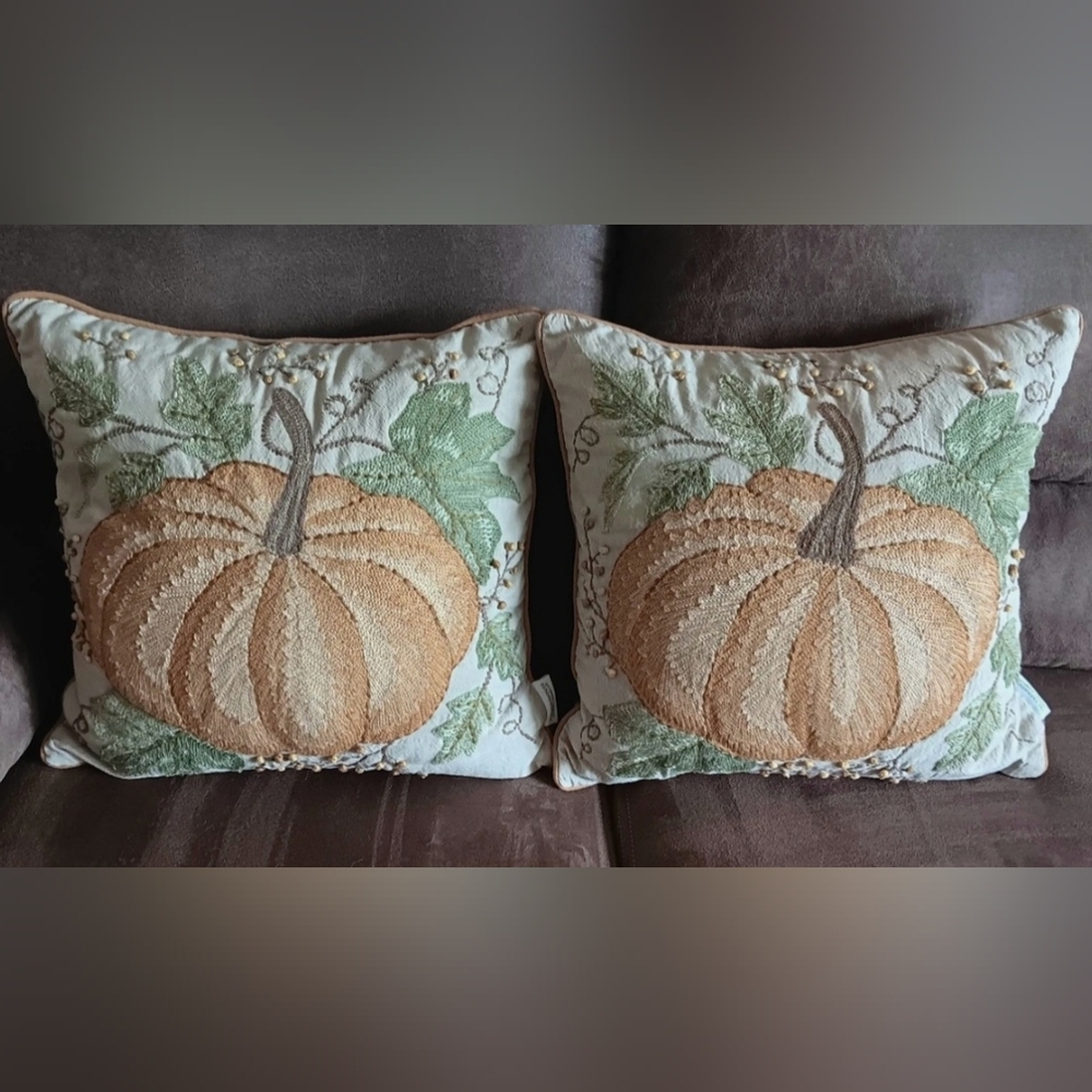 Like New!THE FARMHOUSE Rachel Ashwell Embroidered Pumpkin Pillows(2)